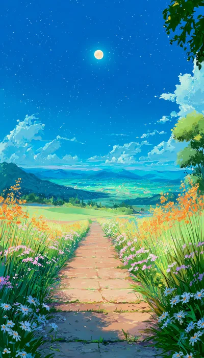 Anime Style Landscape With Path Through Wildflower Meadow