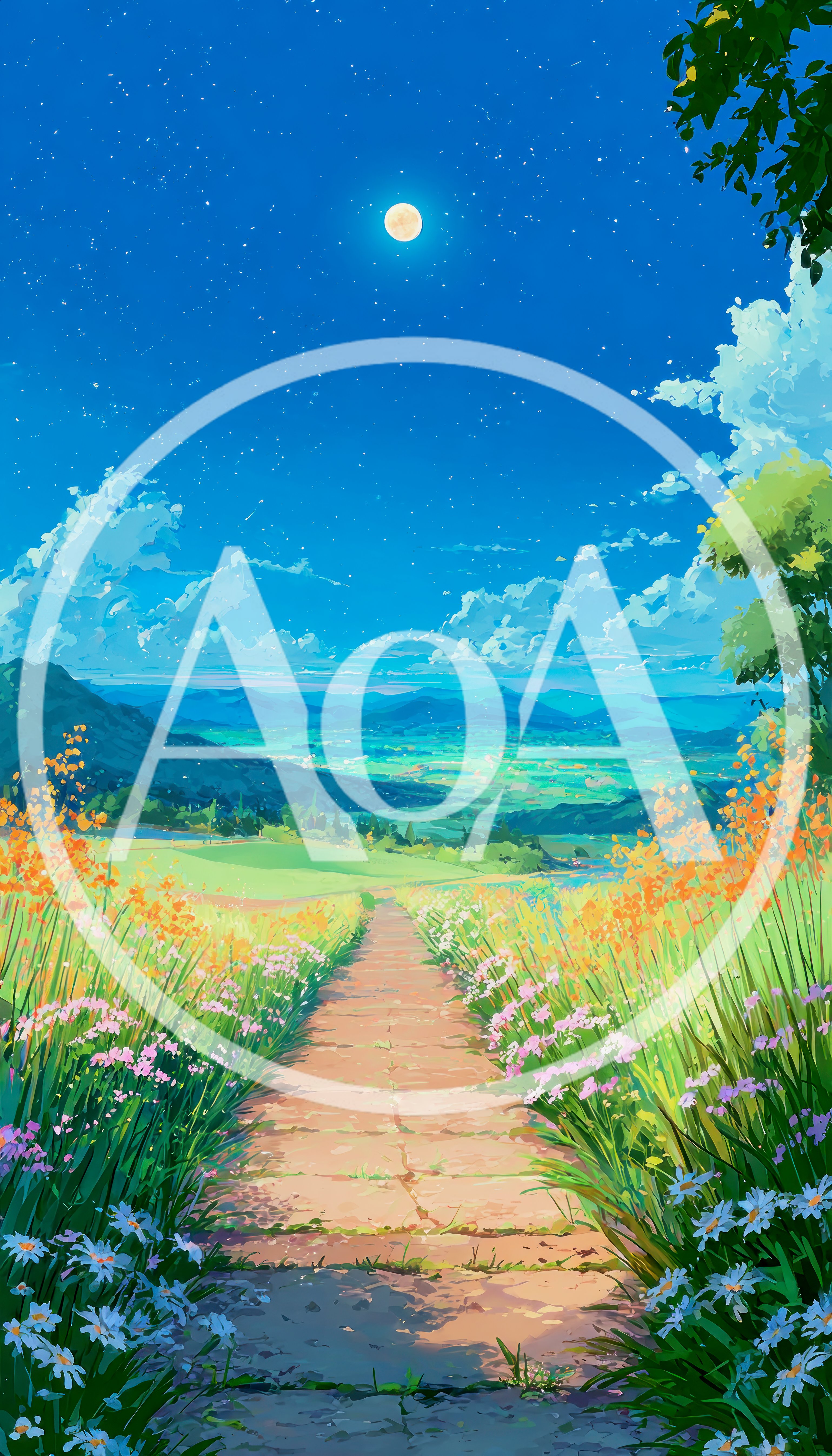 Anime Style Landscape With Path Through Wildflower Meadow