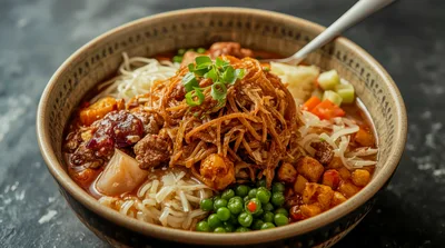 Bowl Of Spicy Asian Noodle Soup With Toppings