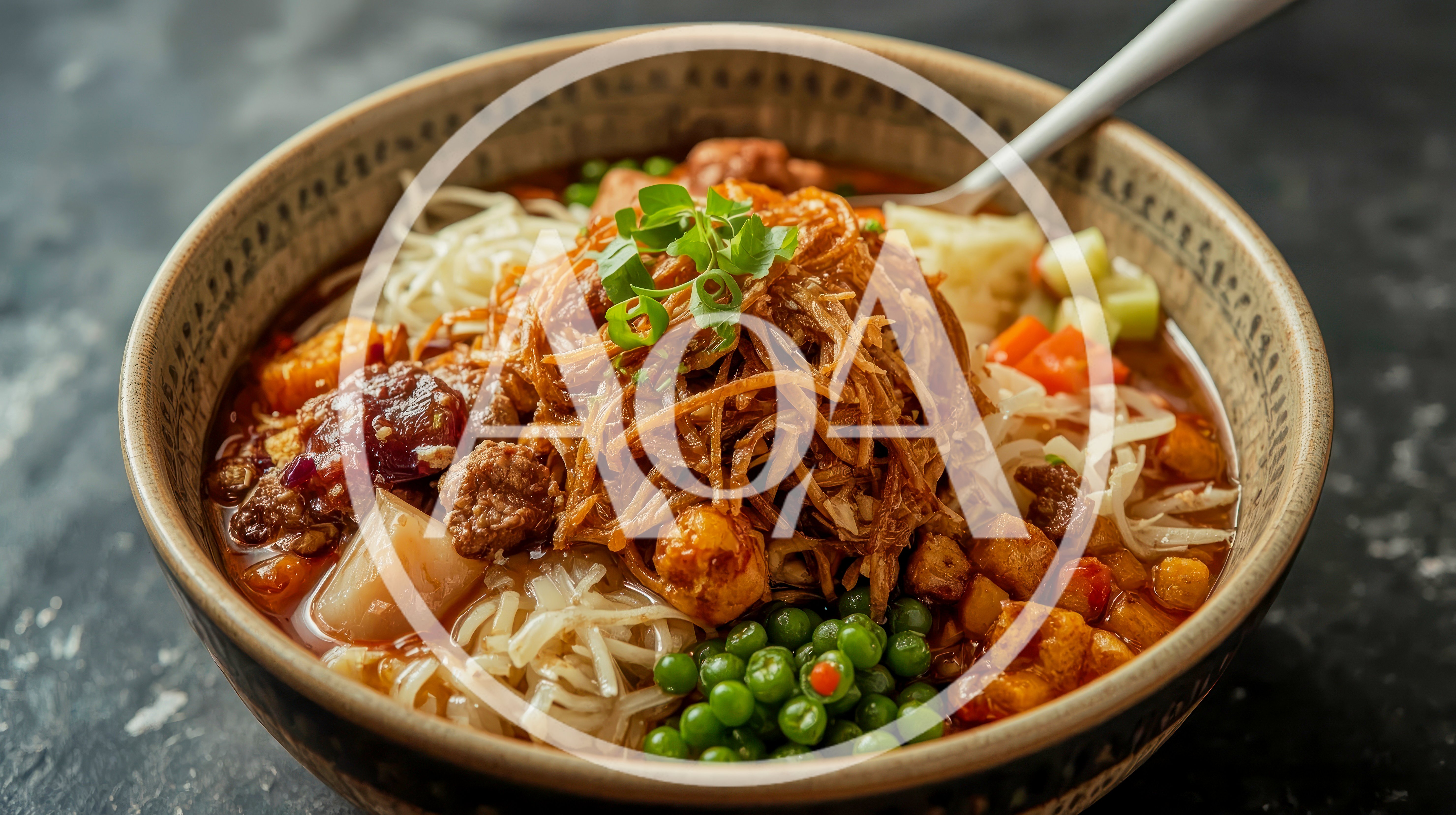 Bowl Of Spicy Asian Noodle Soup With Toppings
