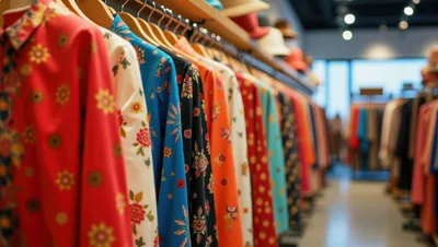 Colorful Patterned Shirts Hanging On A Clothing Rack