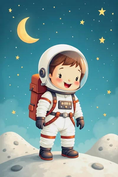 Cute Cartoon Astronaut Child Standing On Moon Surface