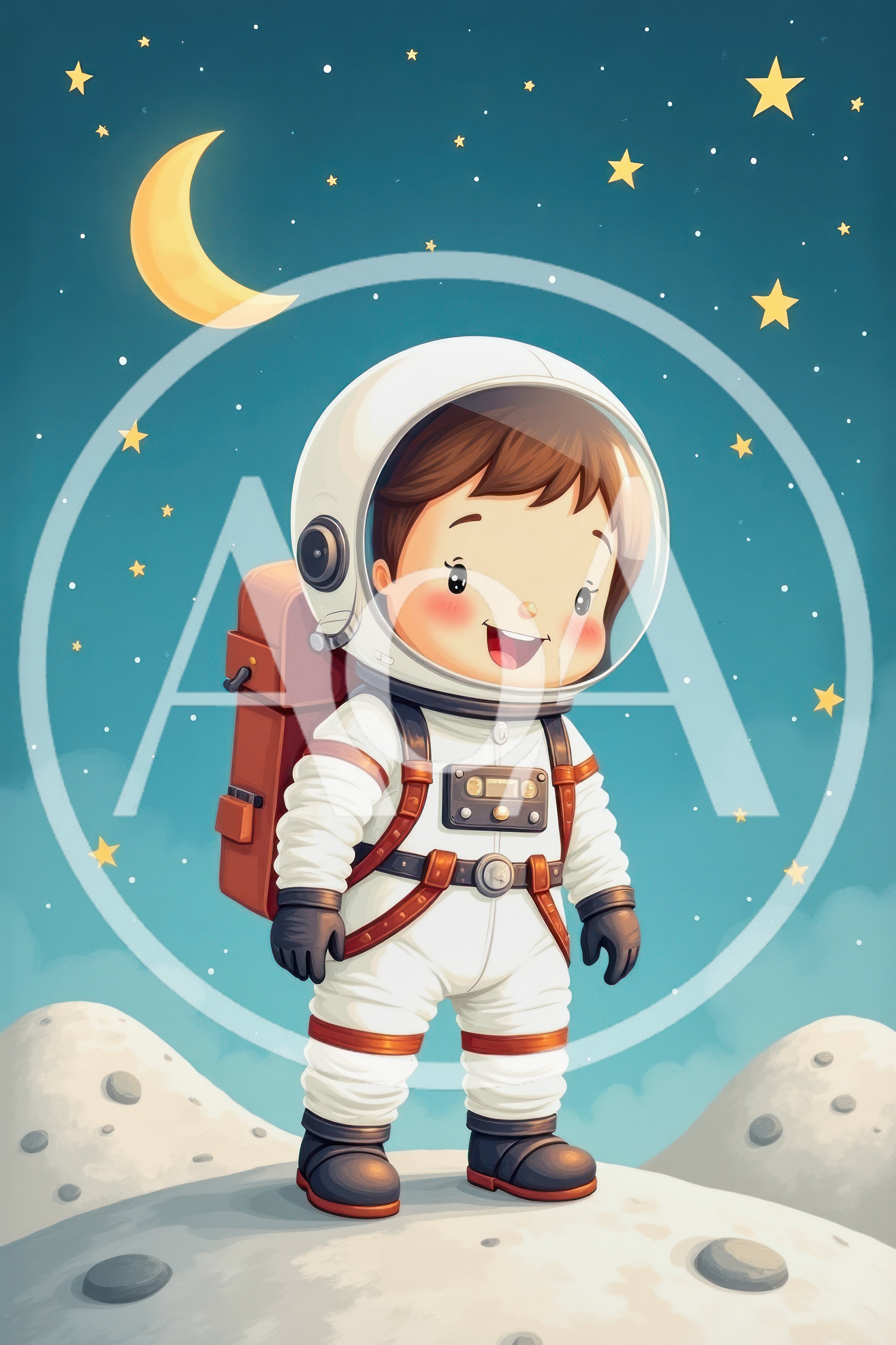 Cute Cartoon Astronaut Child Standing On Moon Surface
