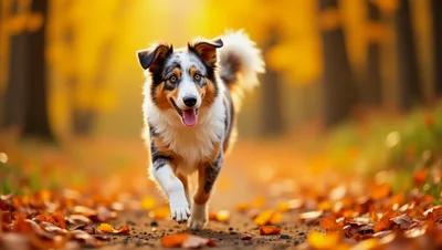 Australian Shepherd Running Through Autumn Forest Path