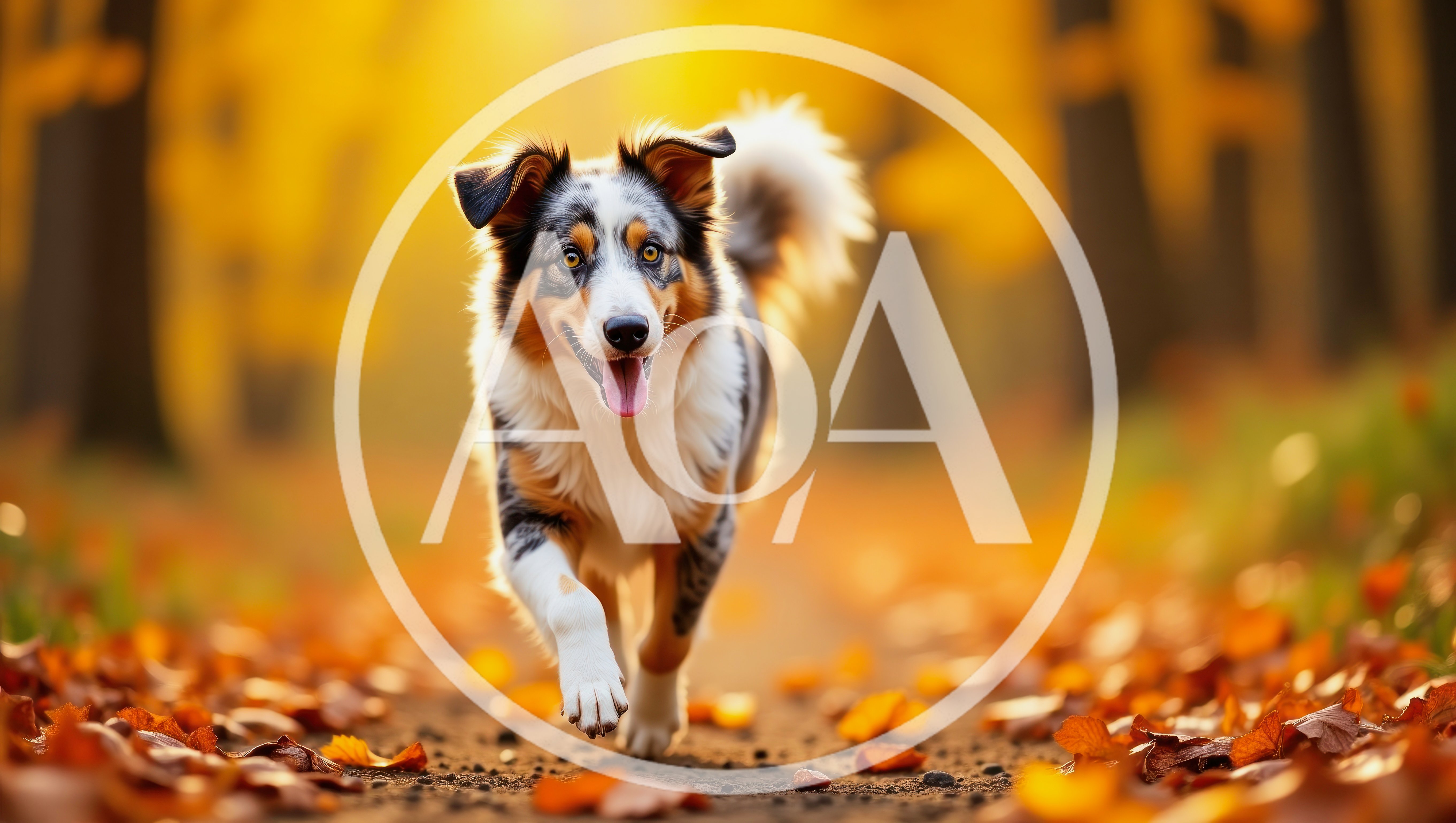 Australian Shepherd Running Through Autumn Forest Path