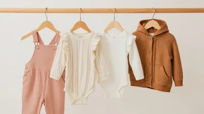 Baby Clothes Hanging On A Wooden Rack