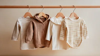 Baby Clothes Hanging On Wooden Hangers