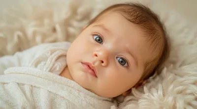 Portrait Of A Newborn Baby Wrapped In White Blanket