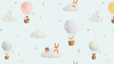Seamless Pattern With Cute Animals In Hot Air Balloons