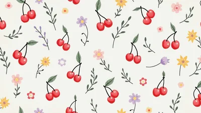 Seamless Pattern With Hand Drawn Cherries And Flowers