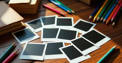 Blank Instant Photos Scattered On A Wooden Desk