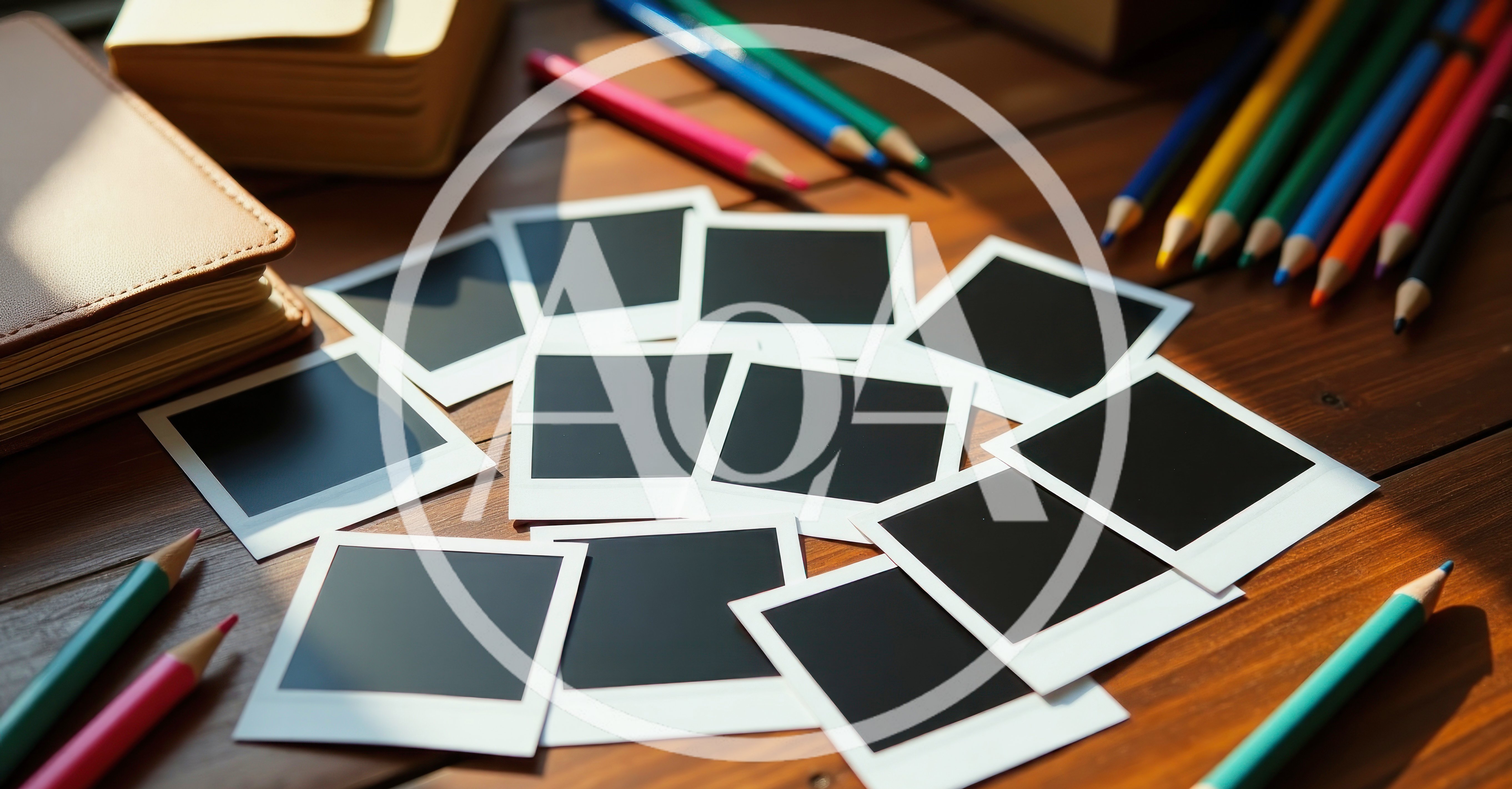 Blank Instant Photos Scattered On A Wooden Desk