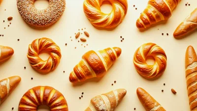 Assorted Freshly Baked Pastries And Bread On Beige Background