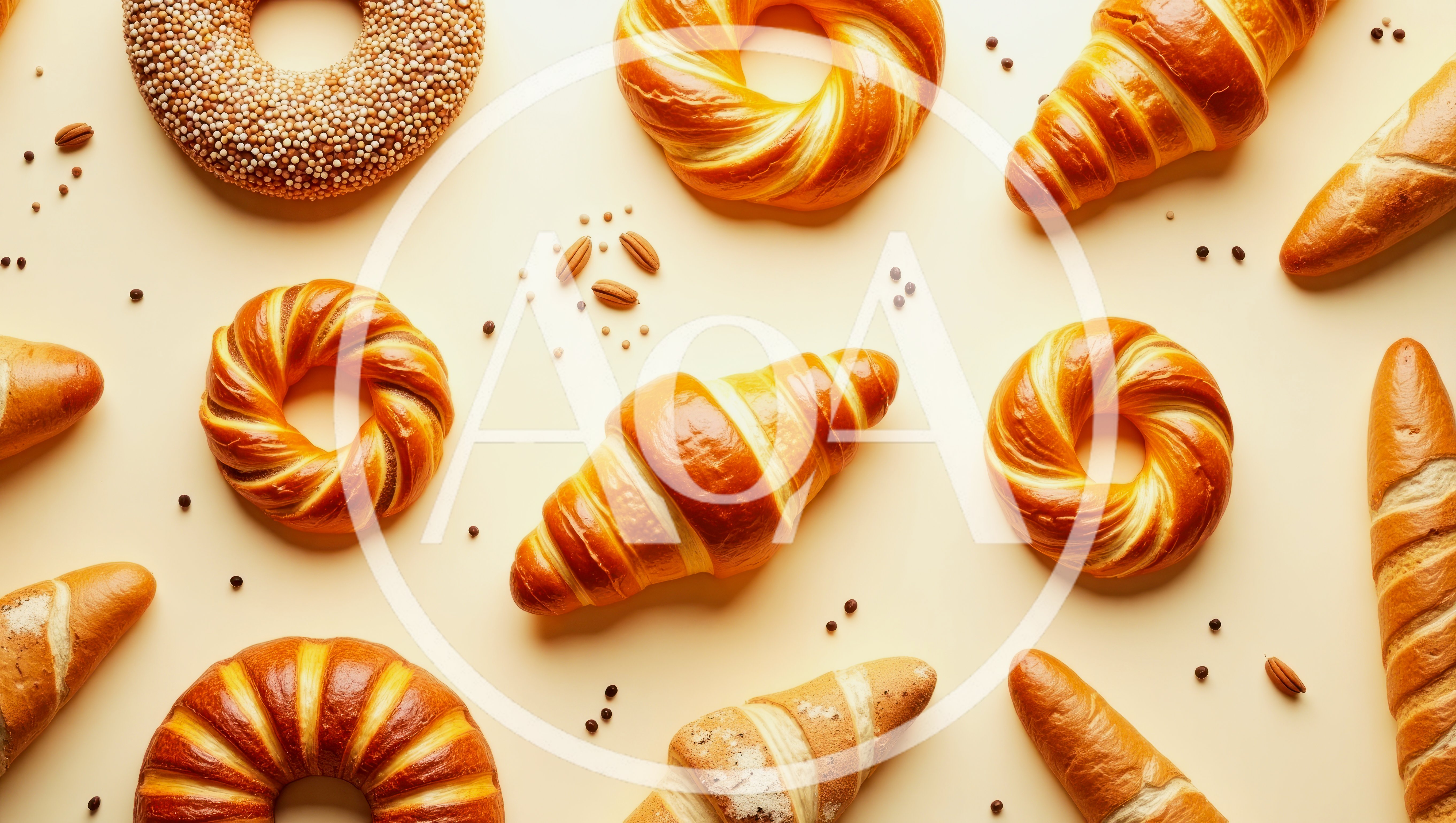 Assorted Freshly Baked Pastries And Bread On Beige Background
