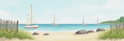 Sailboats Floating Near A Sandy Beach Shoreline