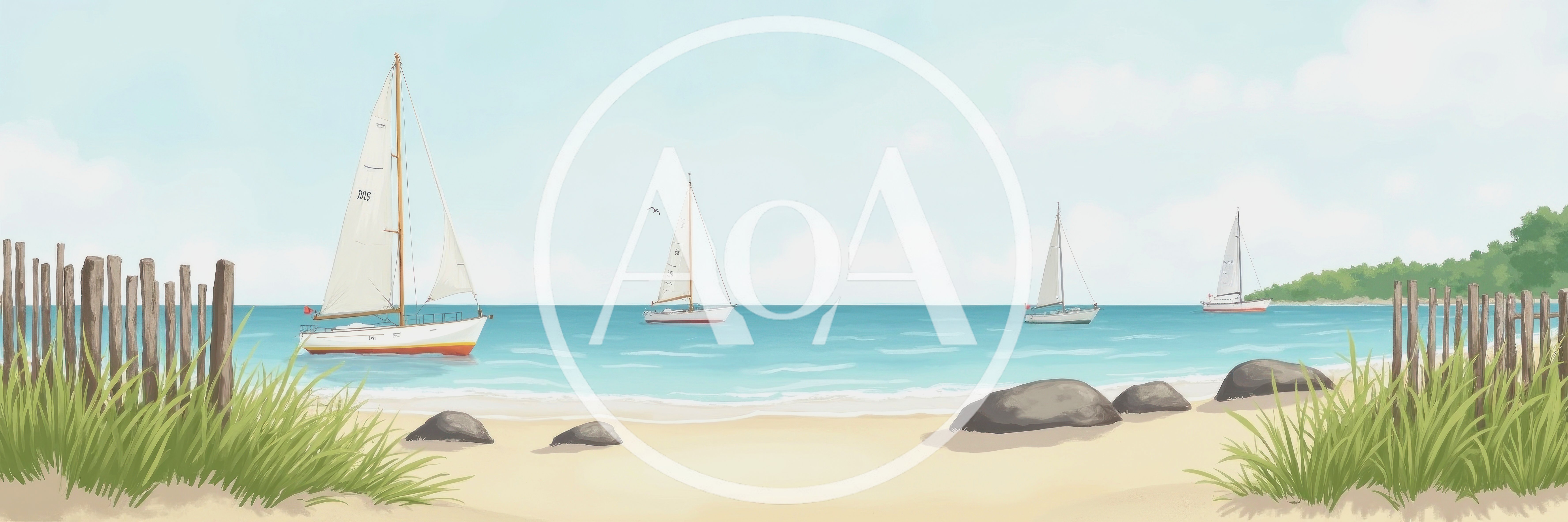 Sailboats Floating Near A Sandy Beach Shoreline