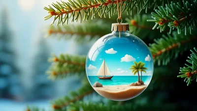 Tropical Beach Scene Inside A Christmas Ornament
