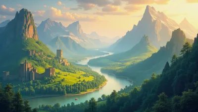 Fantasy Castle Overlooking A Winding River Valley