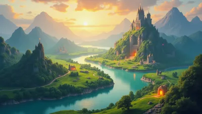 Fantasy Castle Landscape With River At Sunset