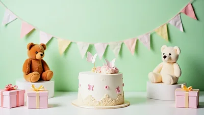 Birthday Cake With Teddy Bears And Gift Boxes