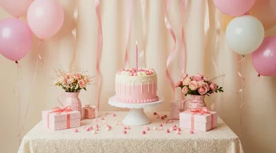 Birthday Celebration Table With Cake And Gifts
