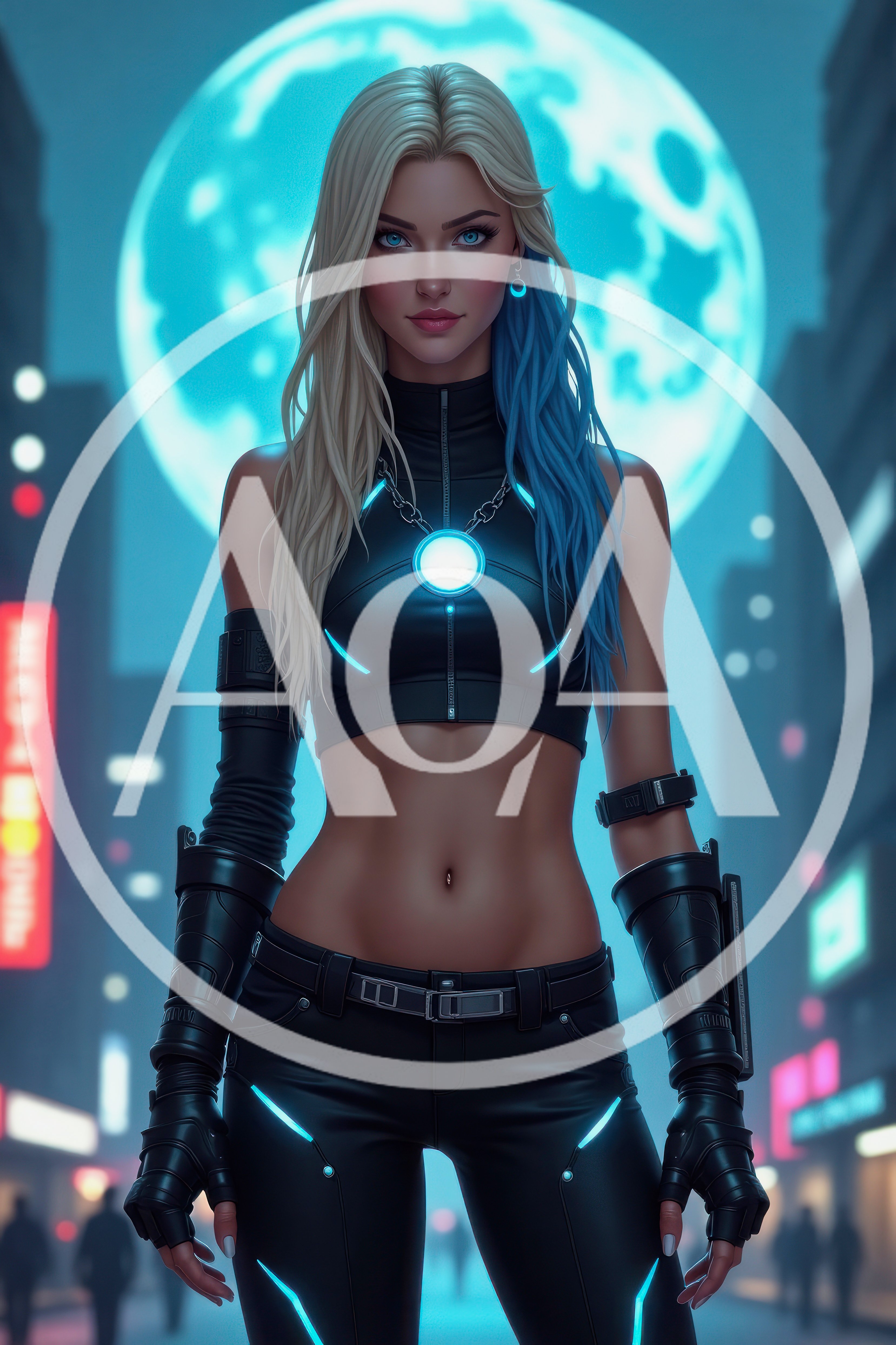 Cyberpunk Female Warrior Standing Before A Glowing Moon