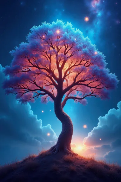 Glowing Magical Tree Under A Starry Night Sky