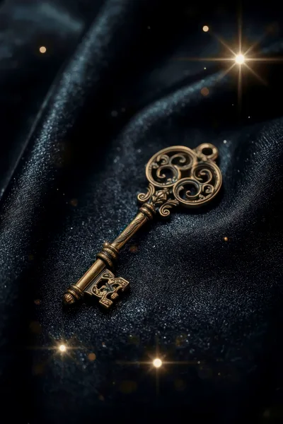 Ornate Antique Brass Key On Dark Shimmering Fabric