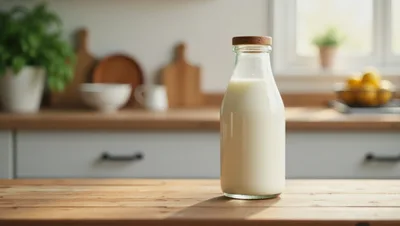 Glass Bottle Of Fresh Milk On Wooden Kitchen Counter
