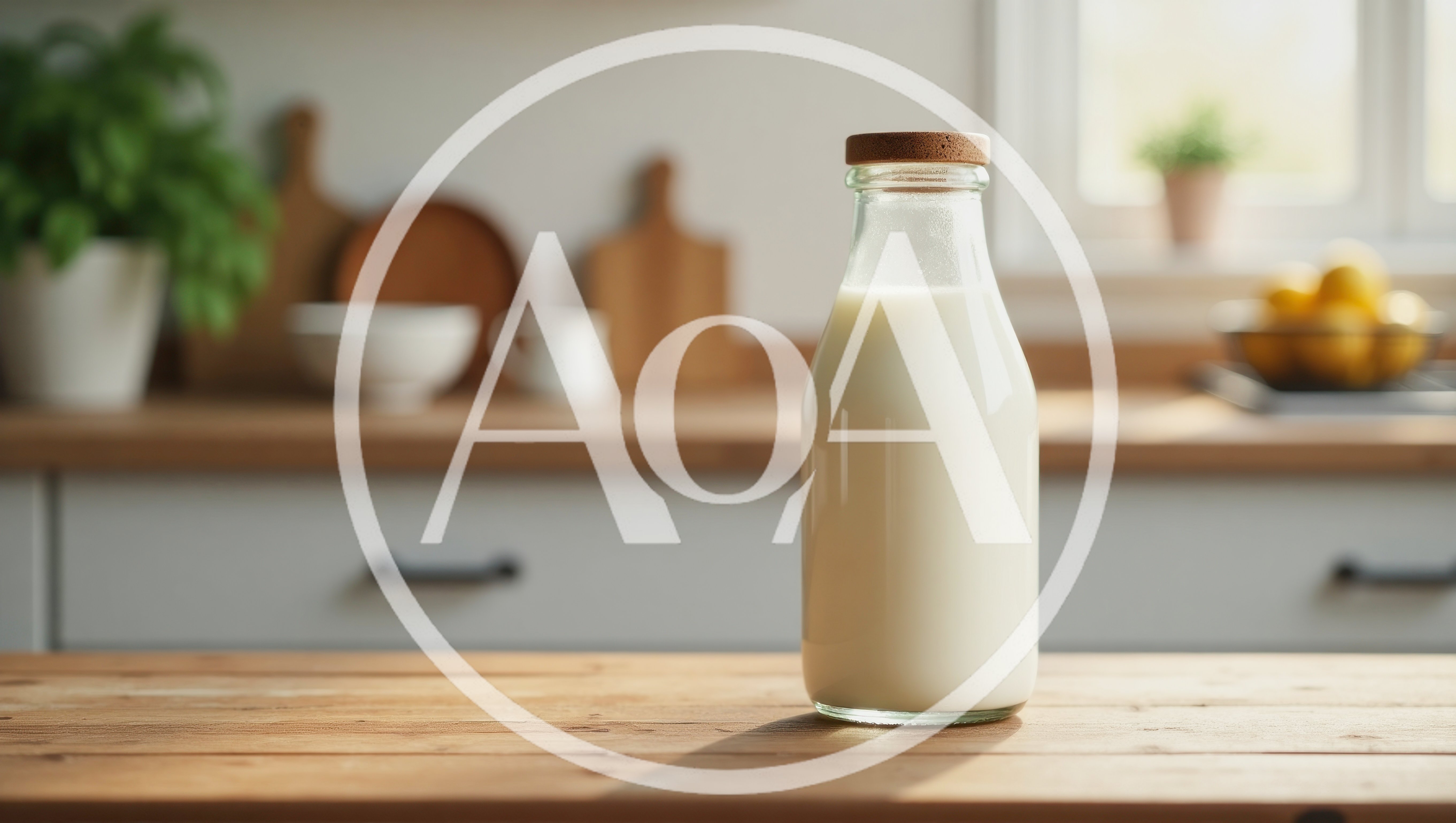 Glass Bottle Of Fresh Milk On Wooden Kitchen Counter
