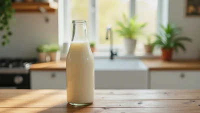 Glass Bottle Of Fresh Milk On Wooden Kitchen Counter