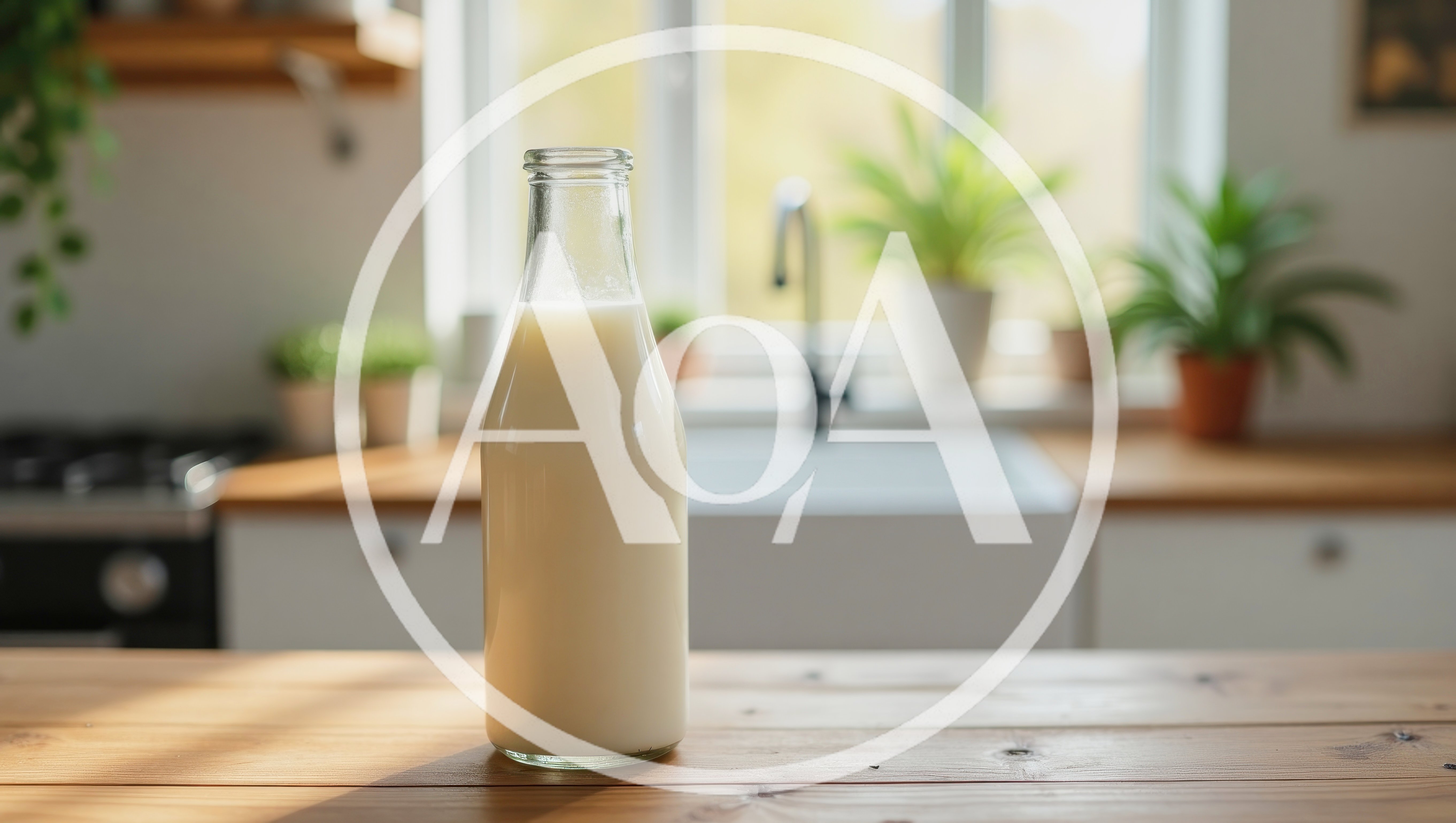 Glass Bottle Of Fresh Milk On Wooden Kitchen Counter