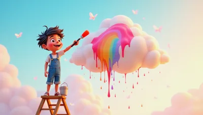 Cartoon Boy Painting A Rainbow On A Cloud
