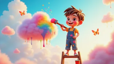 Cartoon Boy Painting A Colorful Cloud In The Sky