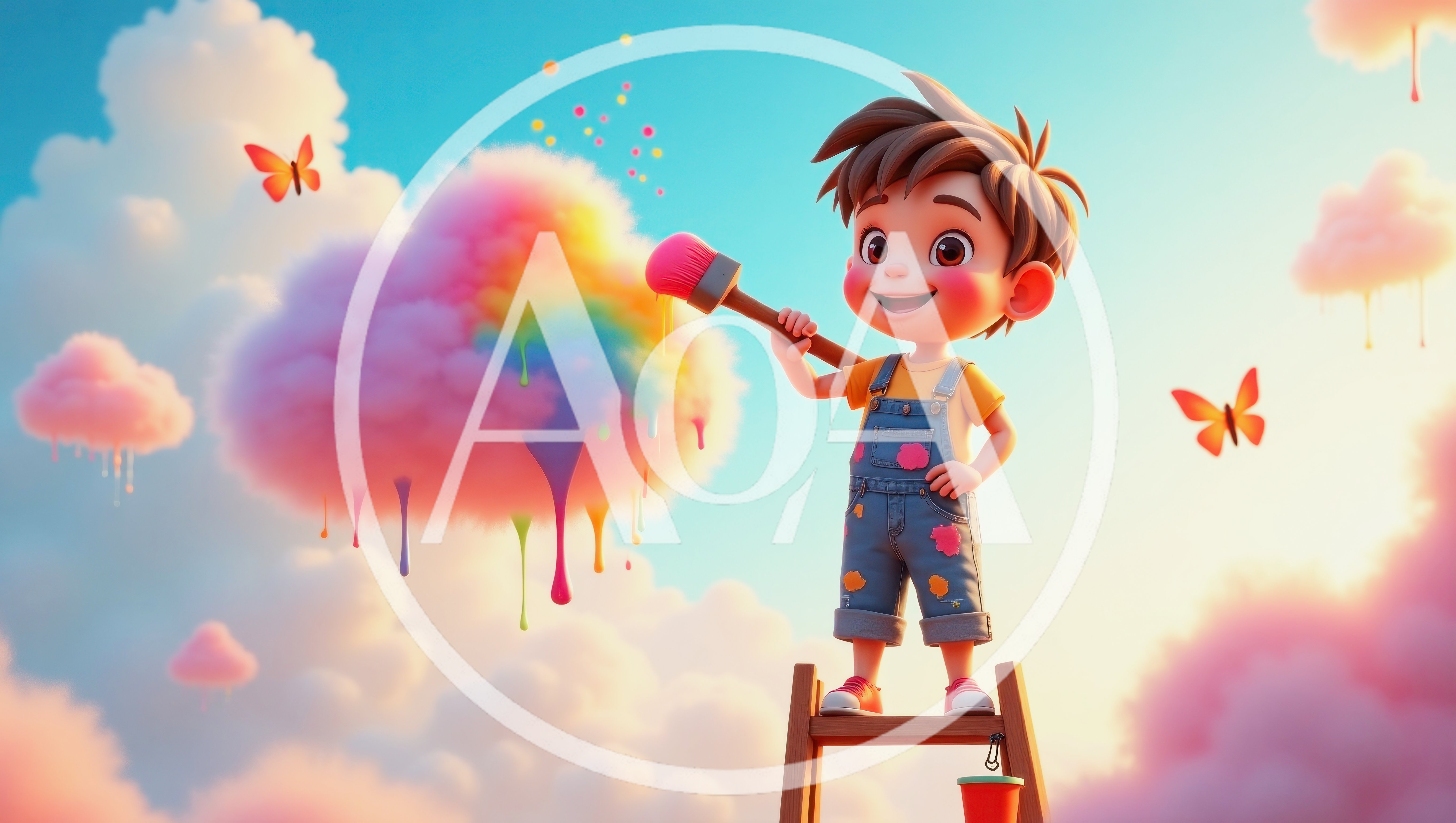 Cartoon Boy Painting A Colorful Cloud In The Sky