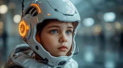 Young Child Wearing Futuristic Sci-Fi Astronaut Helmet