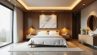 Modern Minimalist Bedroom Interior With Wood Paneling