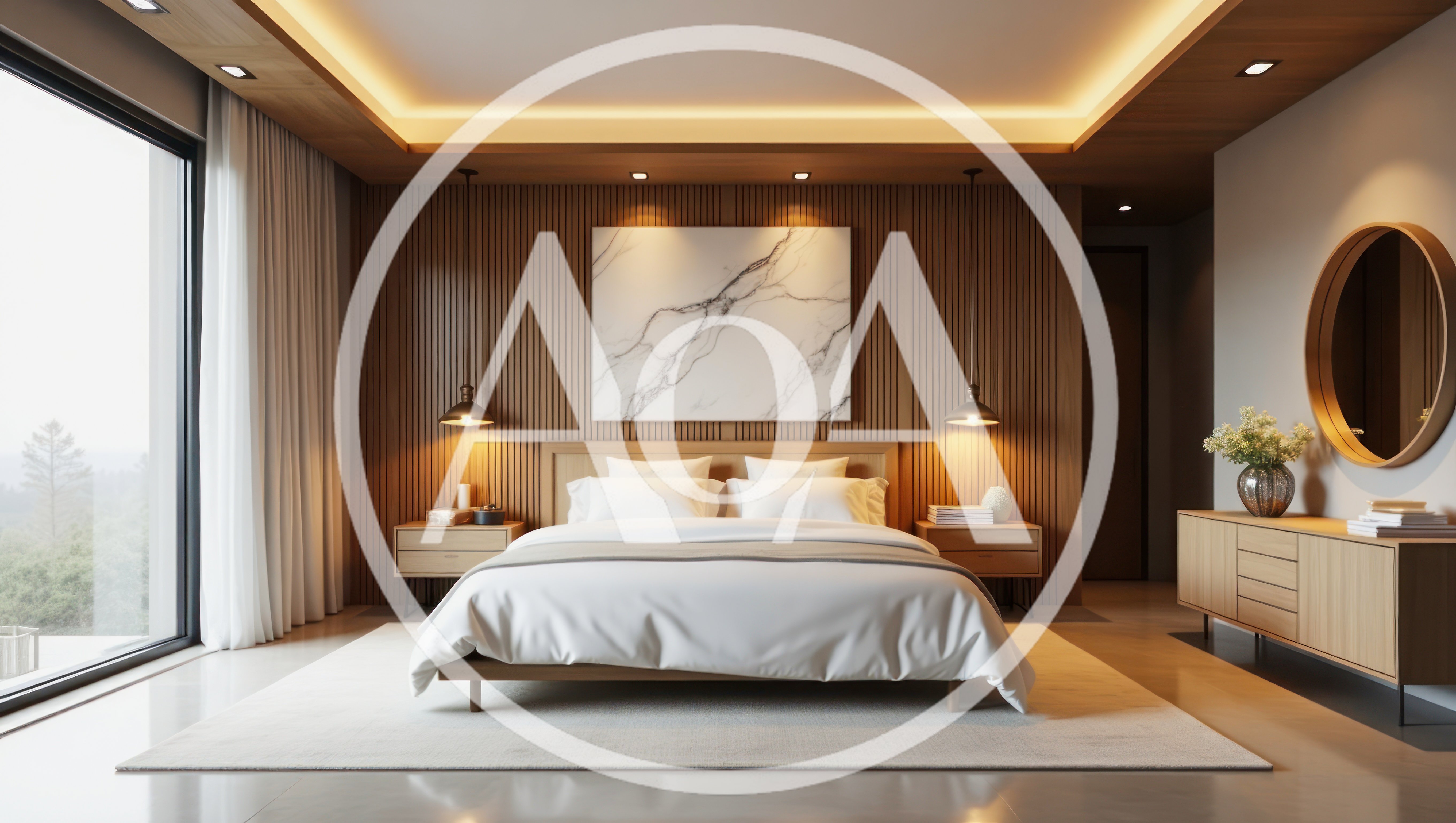 Modern Minimalist Bedroom Interior With Wood Paneling