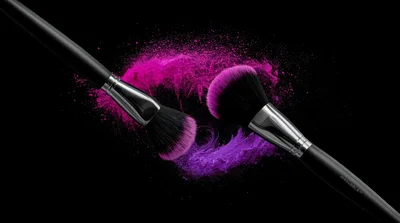 Makeup Brushes With Vibrant Pink And Purple Powder