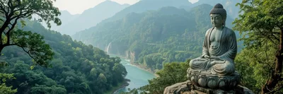 Stone Buddha Statue Overlooking A Lush River Valley