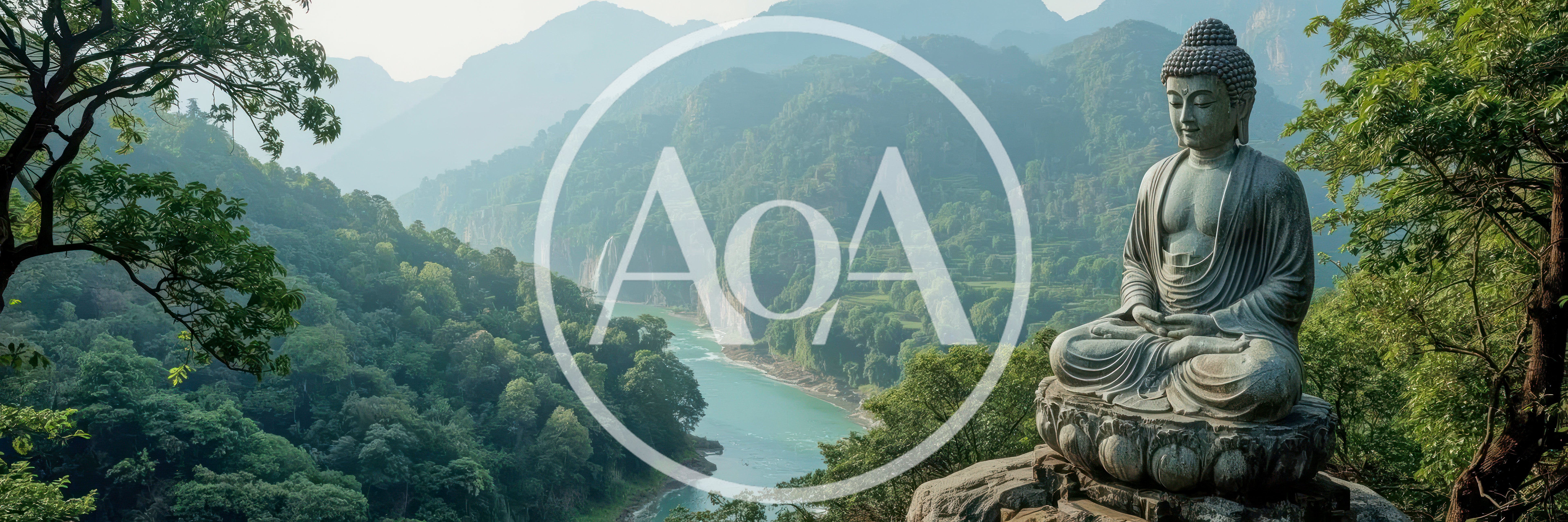 Stone Buddha Statue Overlooking A Lush River Valley