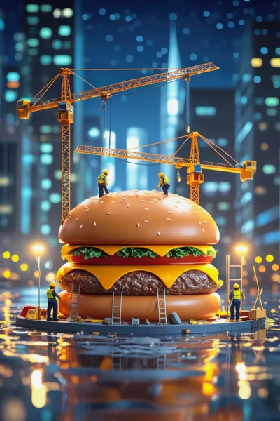 Miniature Construction Workers Building A Giant Hamburger
