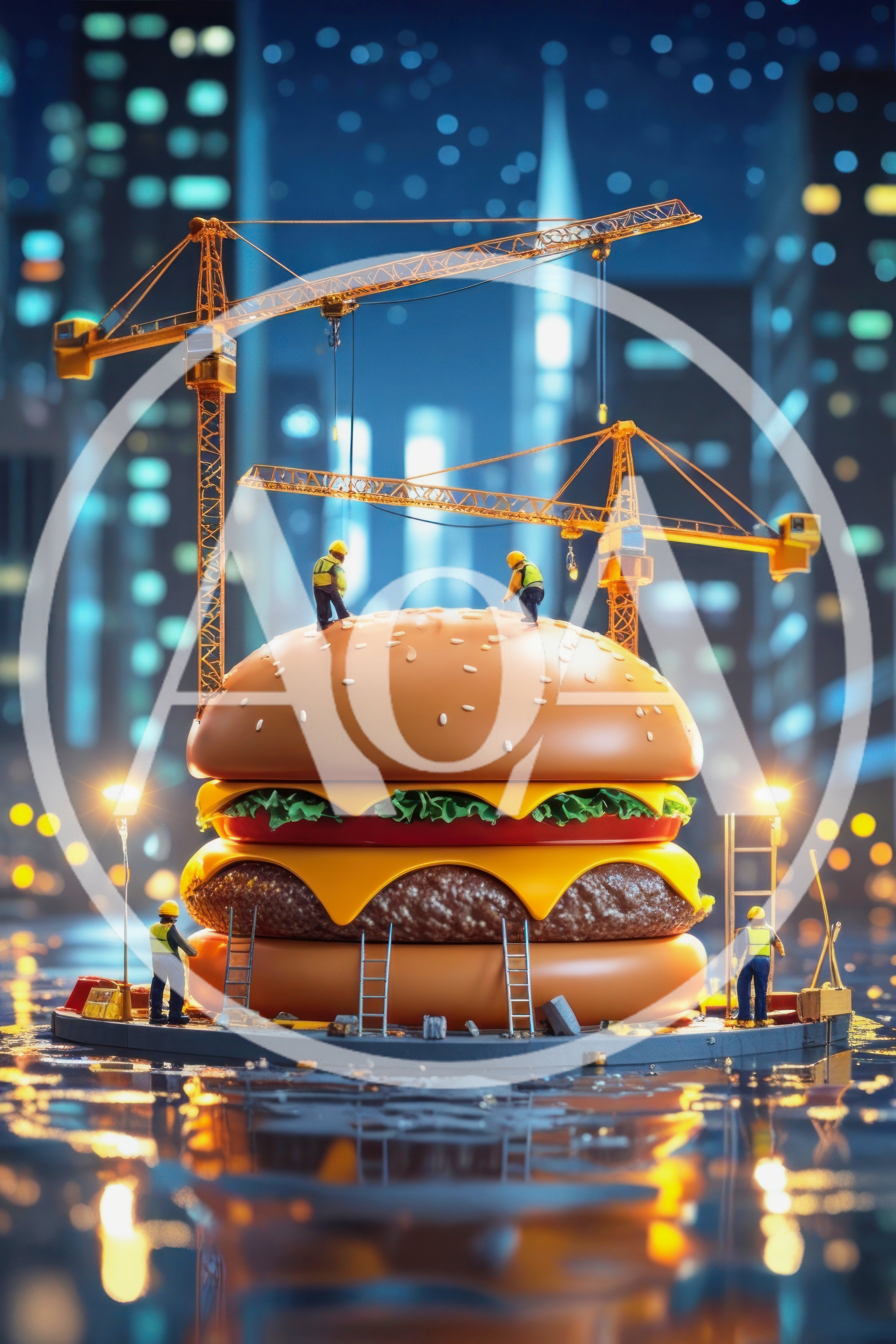 Miniature Construction Workers Building A Giant Hamburger
