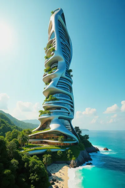 Futuristic Organic Skyscraper On A Tropical Coastal Cliff