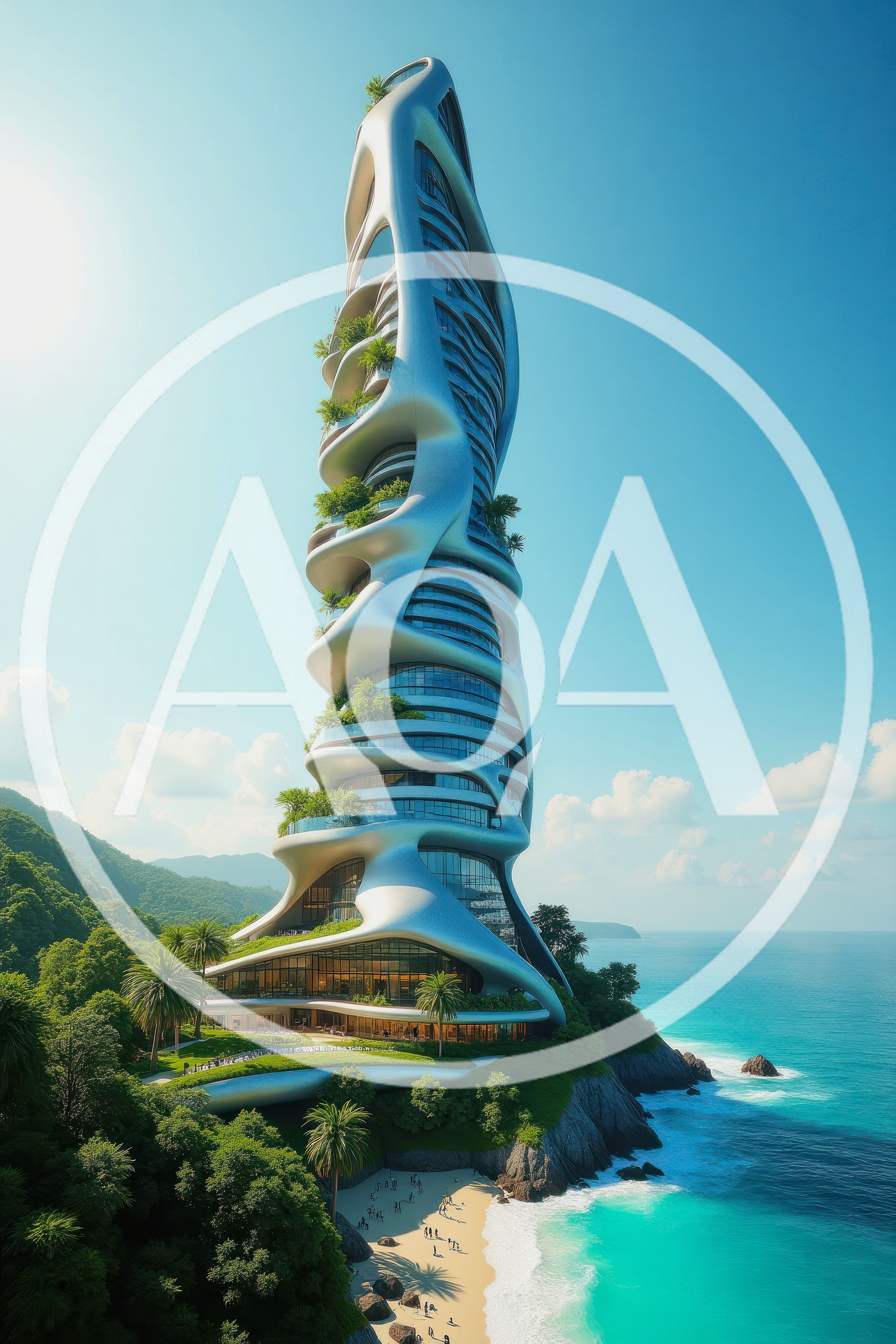 Futuristic Organic Skyscraper On A Tropical Coastal Cliff