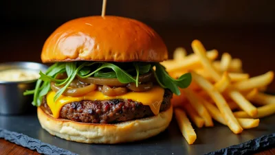 Gourmet Cheeseburger With Arugula And French Fries