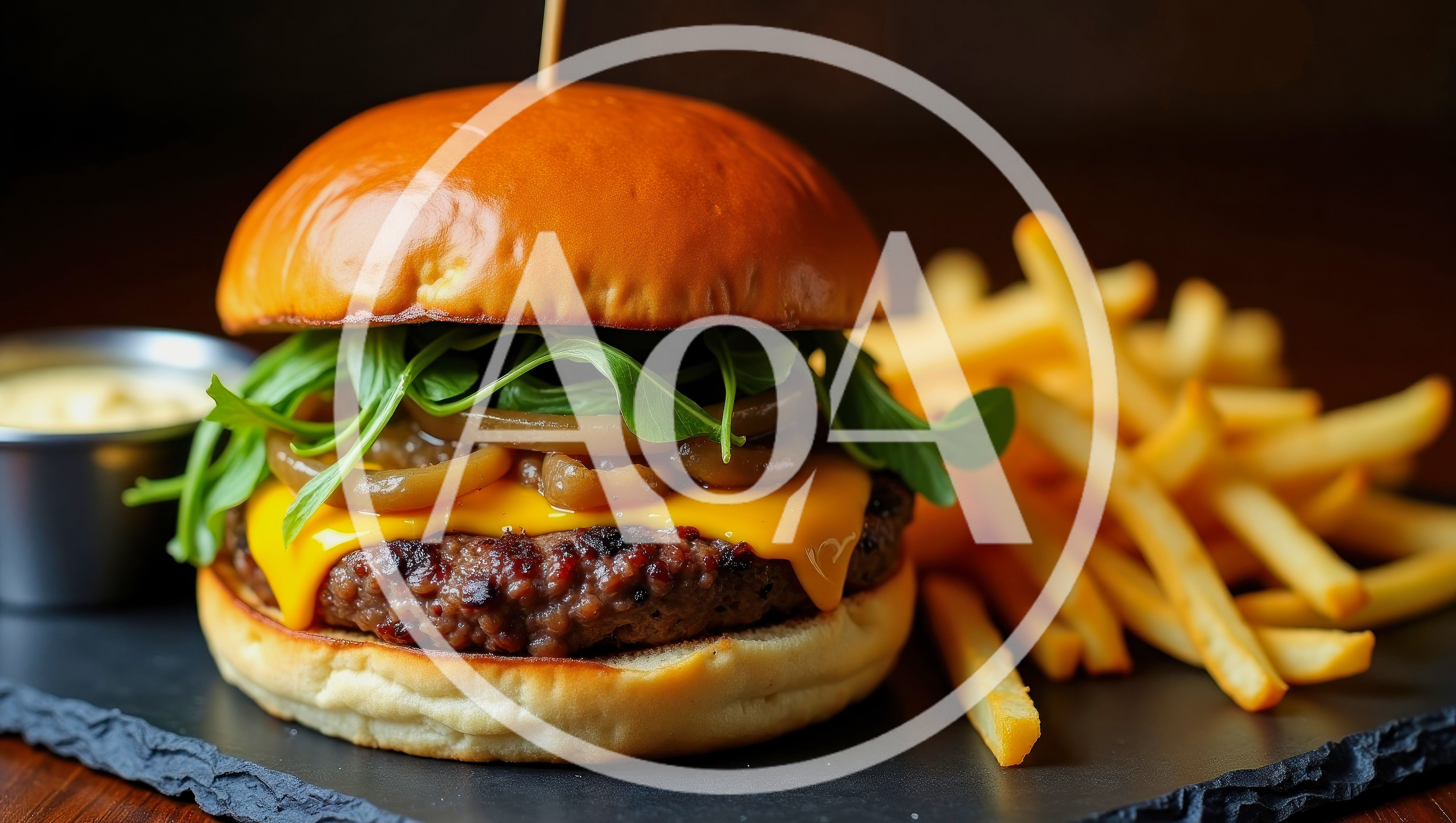 Gourmet Cheeseburger With Arugula And French Fries