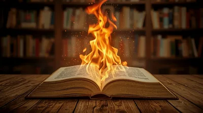 Open Book Burning With Flames On Wooden Table