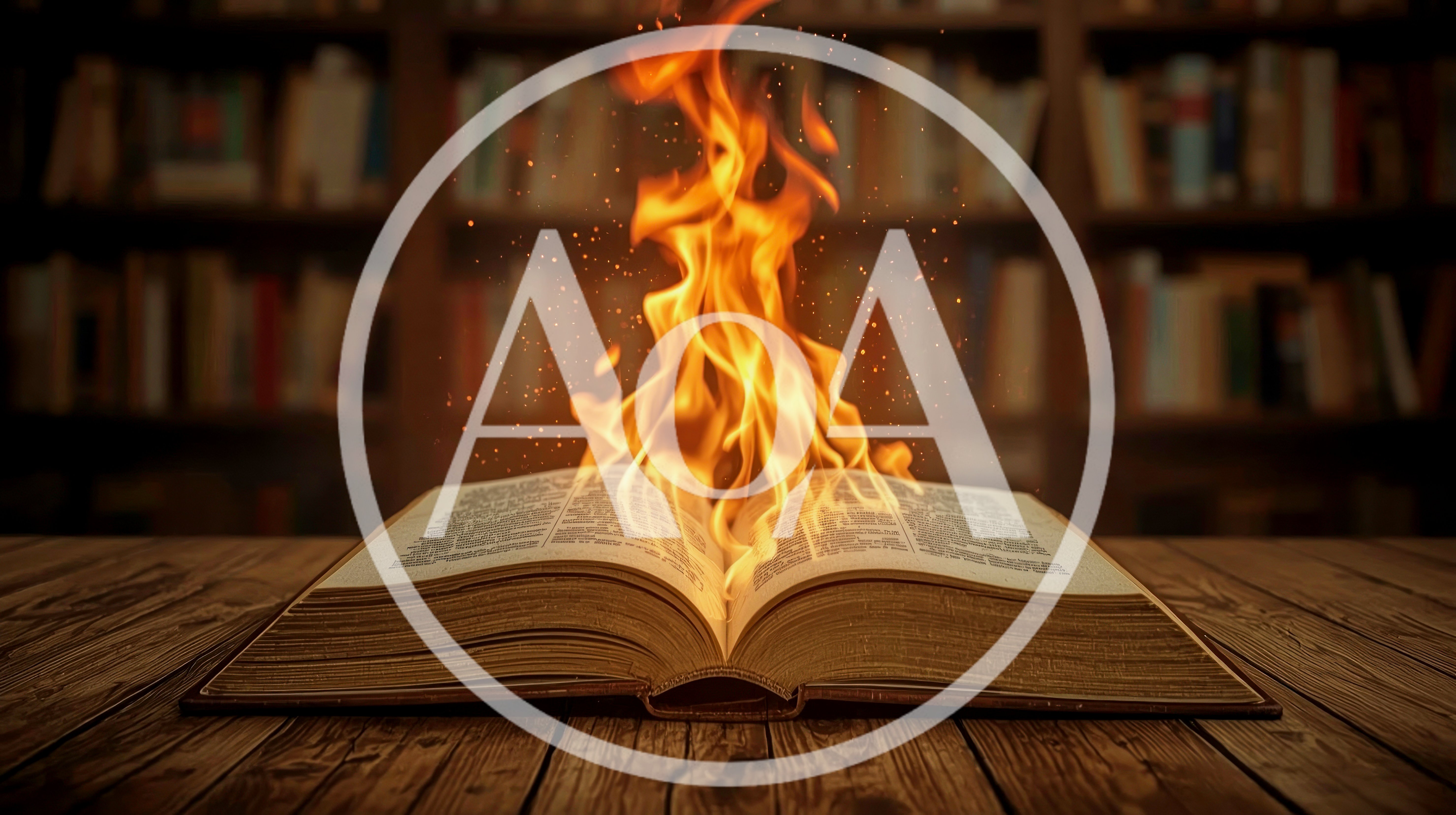 Open Book Burning With Flames On Wooden Table