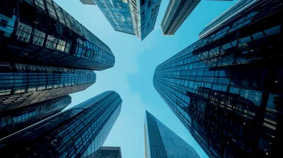 Low Angle View Of Modern Glass Skyscrapers